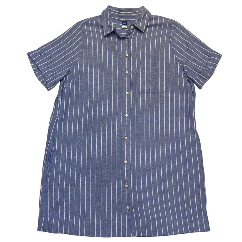 Old Navy Blue White Striped Linen Blend Coastal Preppy Shirt Dress Size M Petite
